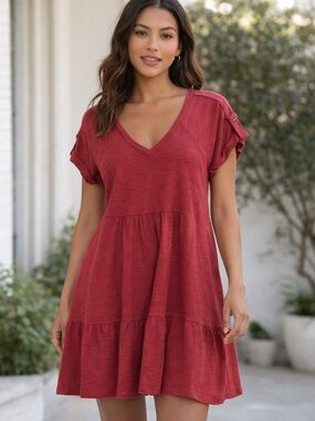 Casual Red V-Neck Tiered Mini Dress